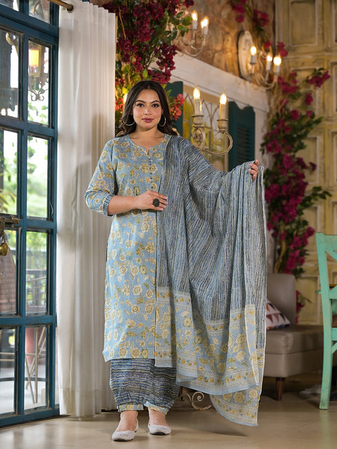 Women Plus Size Blue Pure Cotton Kurta Set With Dupatta